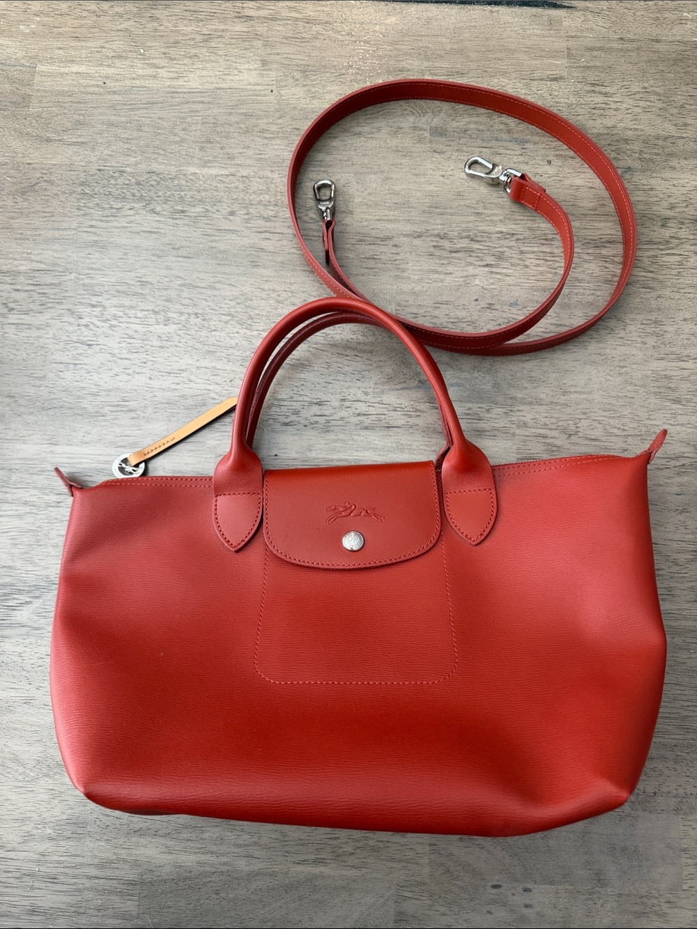 Longchamp Red Leather Medium Tote with Detachable Strap